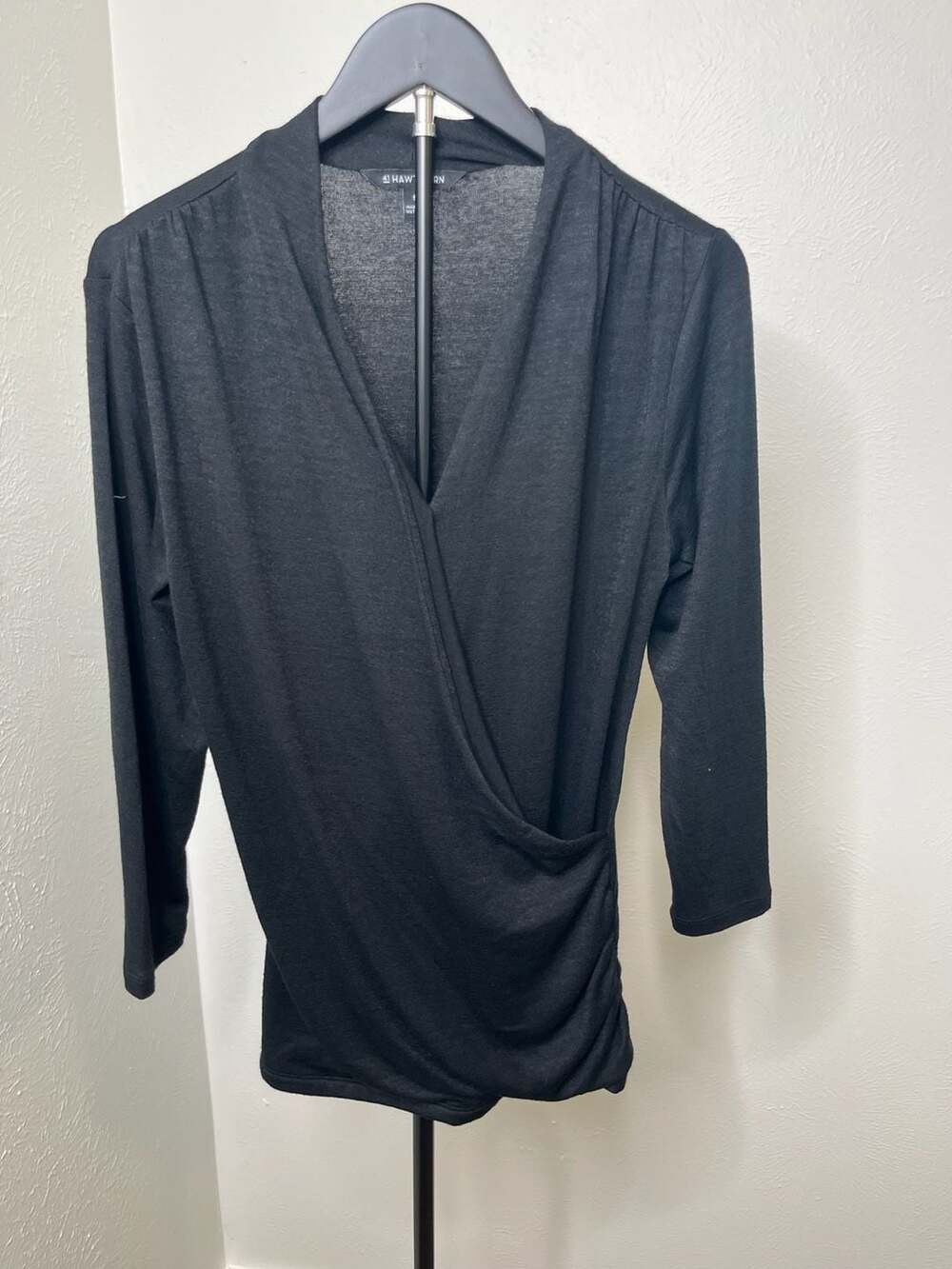 Women’s Black Surplice Wrap Top Ruched V-Neck 3/4 Sleeve Blouse